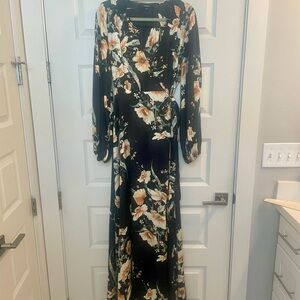 Aakaa Floral Black Maxi Wrap Dress